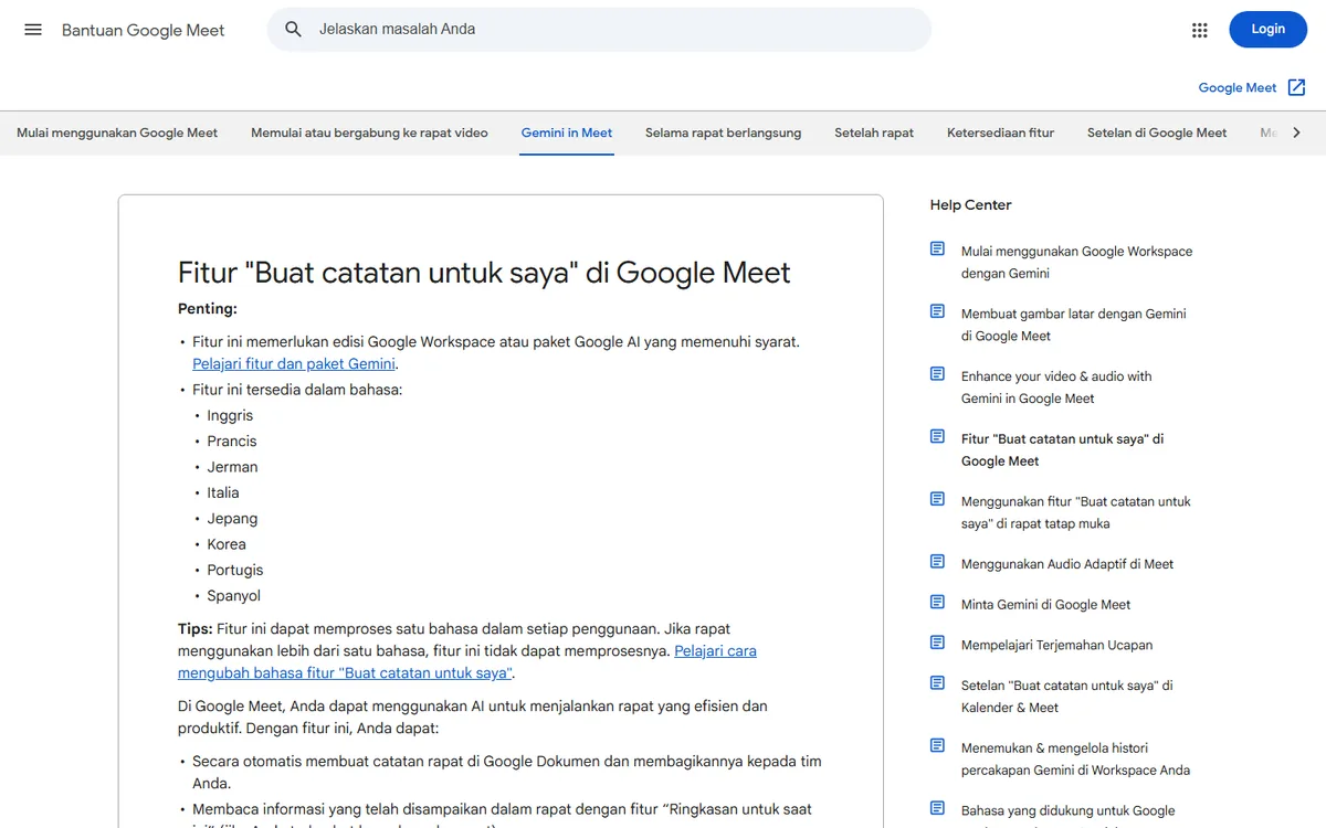 Tangkapan layar halaman Bantuan Google Meet berjudul Fitur Buat catatan untuk saya, berisi syarat edisi Google Workspace dan daftar delapan bahasa: Inggris, Prancis, Jerman, Italia, Jepang, Korea, Portugis, Spanyol