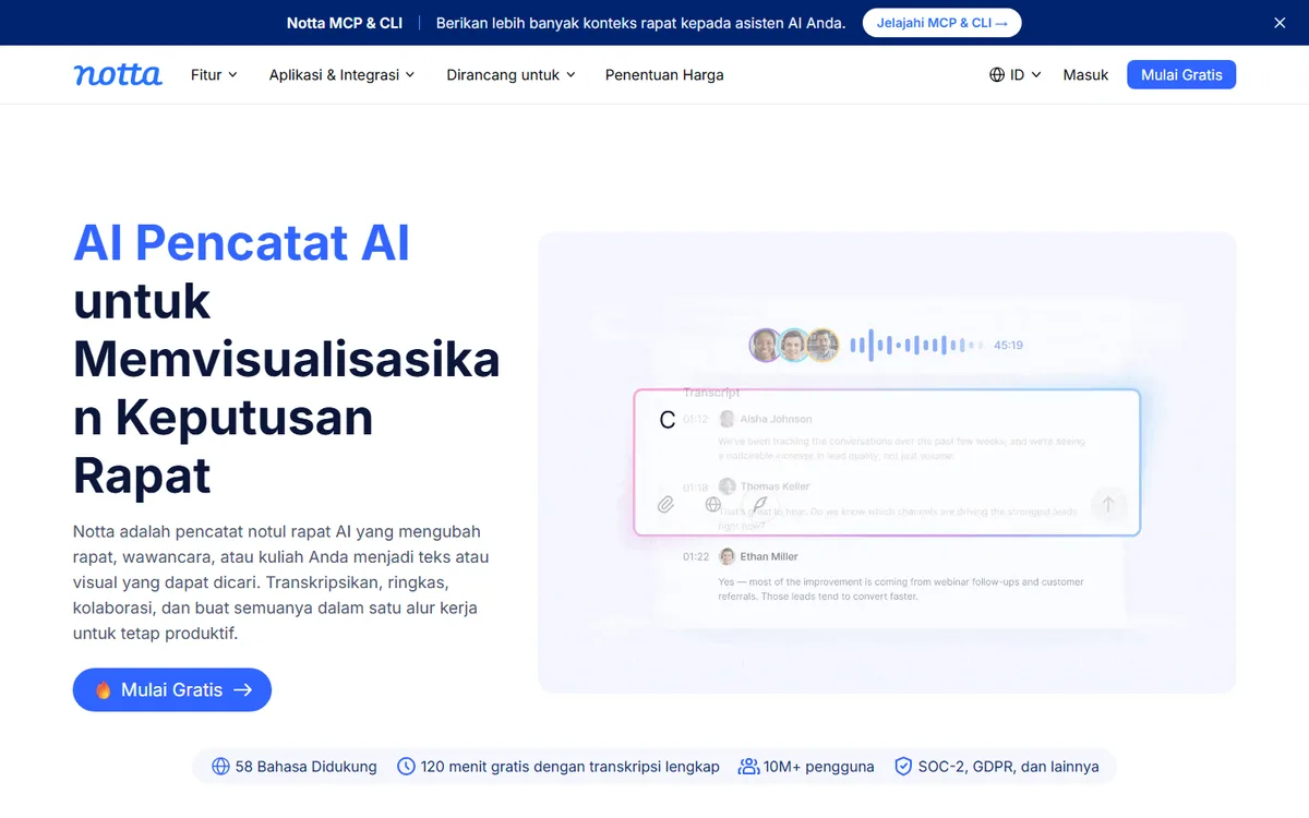 Tangkapan layar beranda Notta berbahasa Indonesia dengan judul AI Pencatat AI untuk Memvisualisasikan Keputusan Rapat dan baris 58 Bahasa Didukung serta 120 menit gratis