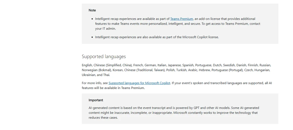 Tangkapan layar halaman Recap in Microsoft Teams yang menjelaskan intelligent recap sebagai bagian Teams Premium atau lisensi Copilot, diikuti daftar Supported languages tanpa Bahasa Indonesia
