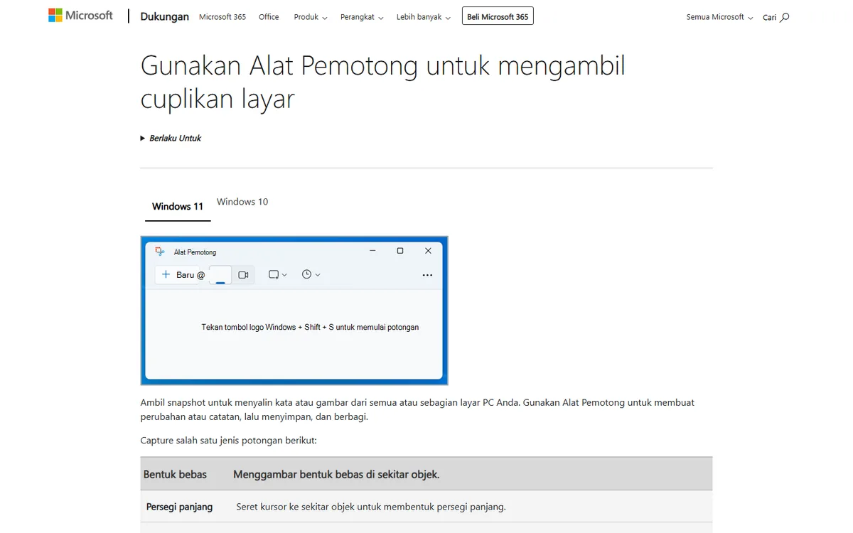 Tangkapan layar halaman Dukungan Microsoft berjudul Gunakan Alat Pemotong untuk mengambil cuplikan layar, menampilkan jendela Alat Pemotong dan tabel jenis potongan seperti bentuk bebas dan persegi panjang