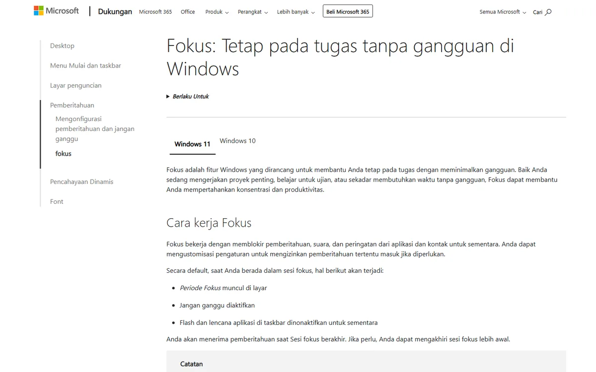 Tangkapan layar halaman Dukungan Microsoft berjudul Fokus: Tetap pada tugas tanpa gangguan di Windows, dengan penjelasan cara kerja Fokus dan daftar hal yang terjadi selama sesi fokus
