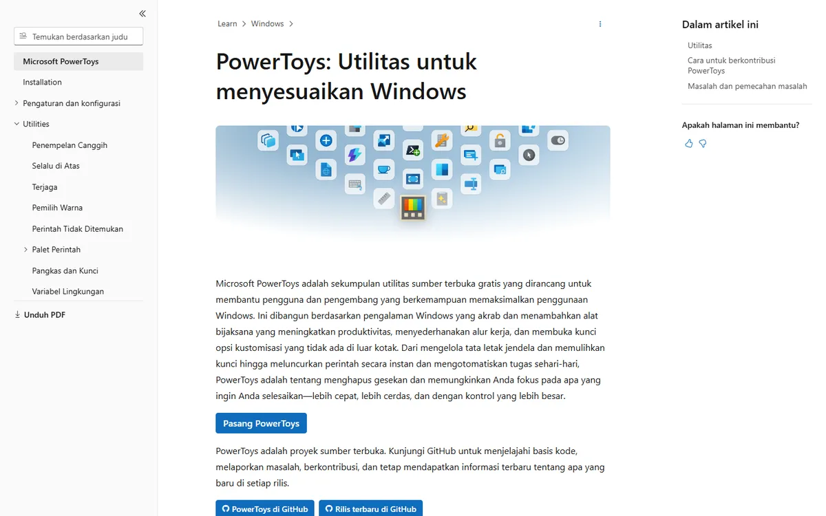 Tangkapan layar halaman Microsoft Learn berjudul PowerToys: Utilitas untuk menyesuaikan Windows, dengan daftar utilitas di menu samping dan tombol Pasang PowerToys