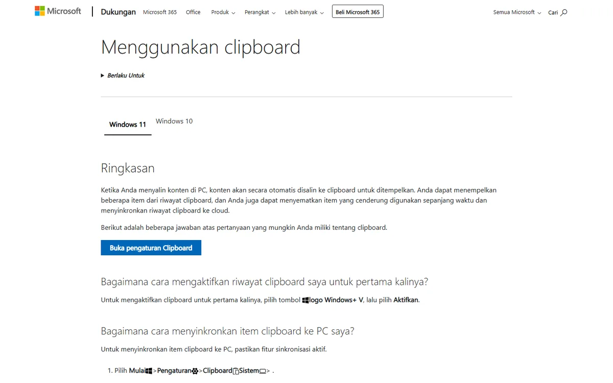 Tangkapan layar halaman Dukungan Microsoft berjudul Menggunakan clipboard, dengan tab Windows 11, ringkasan fitur riwayat clipboard, dan langkah mengaktifkannya lewat tombol logo Windows + V