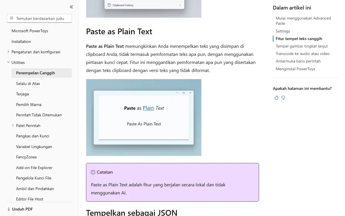 Tangkapan layar dokumentasi Microsoft Learn bagian Paste as Plain Text di PowerToys Advanced Paste, berisi penjelasan menempel teks tanpa pemformatan dan catatan bahwa fitur ini berjalan lokal tanpa AI
