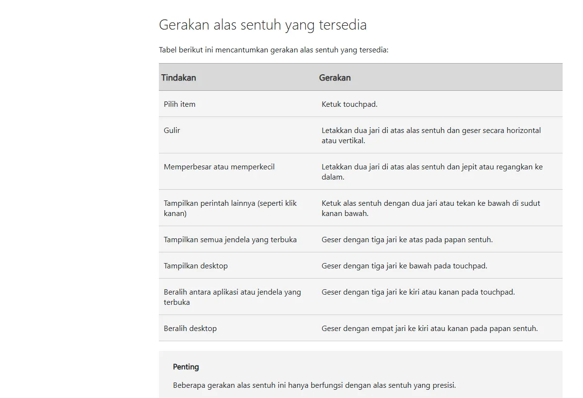 Tangkapan layar Dukungan Microsoft bagian Gerakan alas sentuh yang tersedia, berisi tabel tindakan dan gerakan, termasuk Tampilkan perintah lainnya seperti klik kanan dengan mengetuk alas sentuh dua jari atau menekan sudut kanan bawah