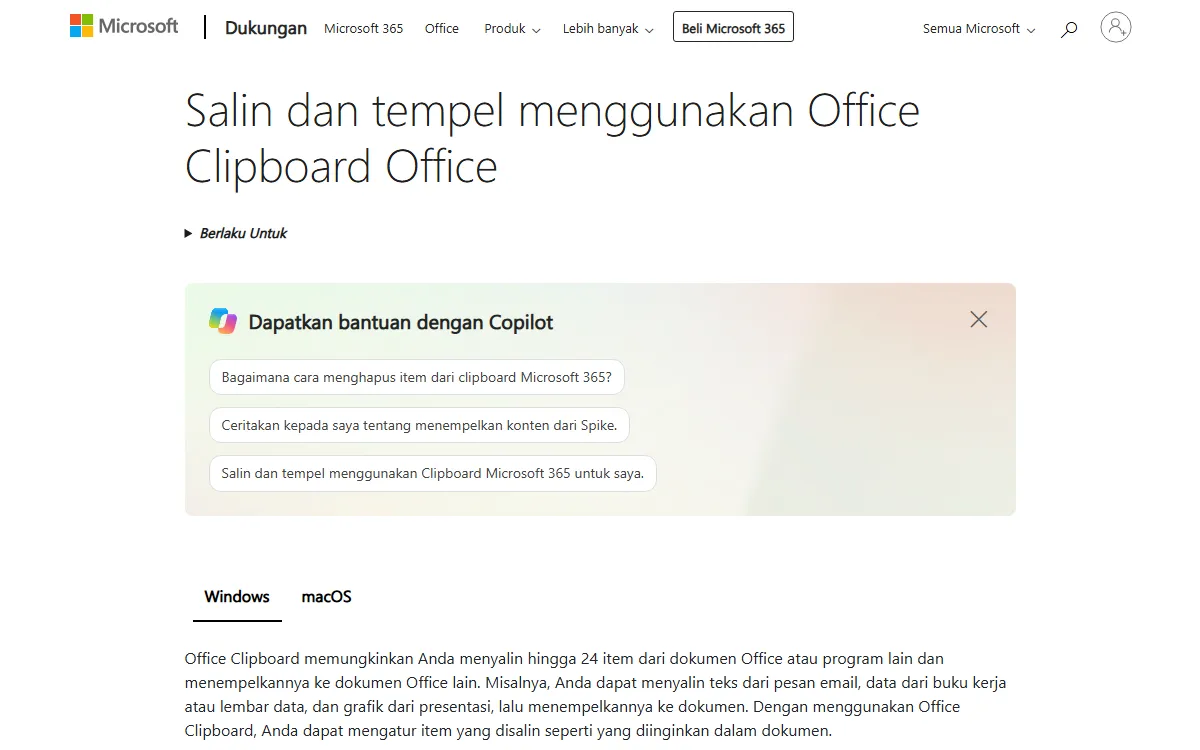 Tangkapan layar Dukungan Microsoft berjudul Salin dan tempel menggunakan Office Clipboard, dengan penjelasan bahwa Office Clipboard memungkinkan menyalin hingga 24 item dari dokumen Office atau program lain