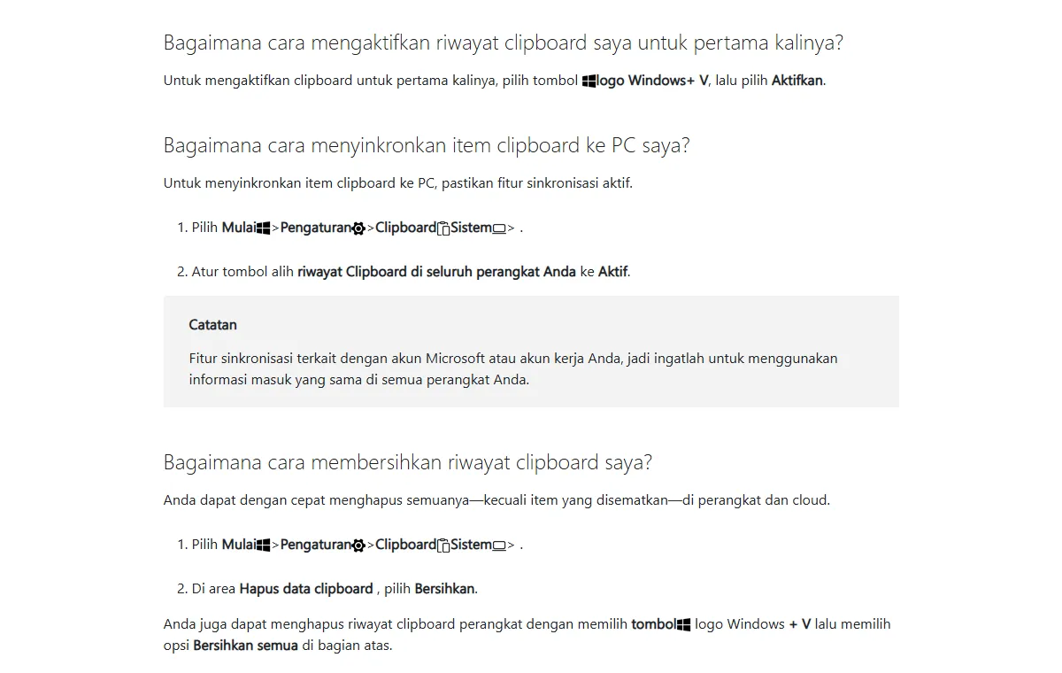 Tangkapan layar Dukungan Microsoft bagian Menggunakan clipboard: cara mengaktifkan riwayat clipboard dengan tombol logo Windows + V lalu Aktifkan, cara menyinkronkan item clipboard, dan cara membersihkan riwayat clipboard