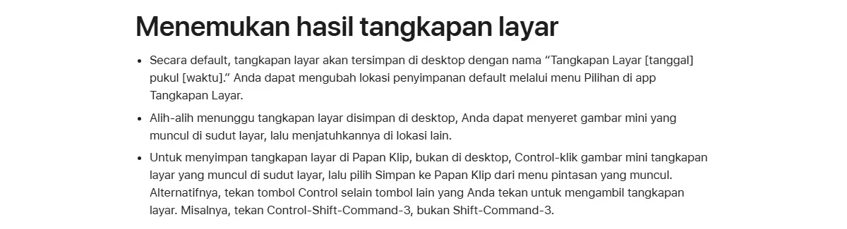 Tangkapan layar Dukungan Apple bagian Menemukan hasil tangkapan layar, menjelaskan penyimpanan default di desktop, menyeret gambar mini, dan menyimpan ke Papan Klip dengan Control