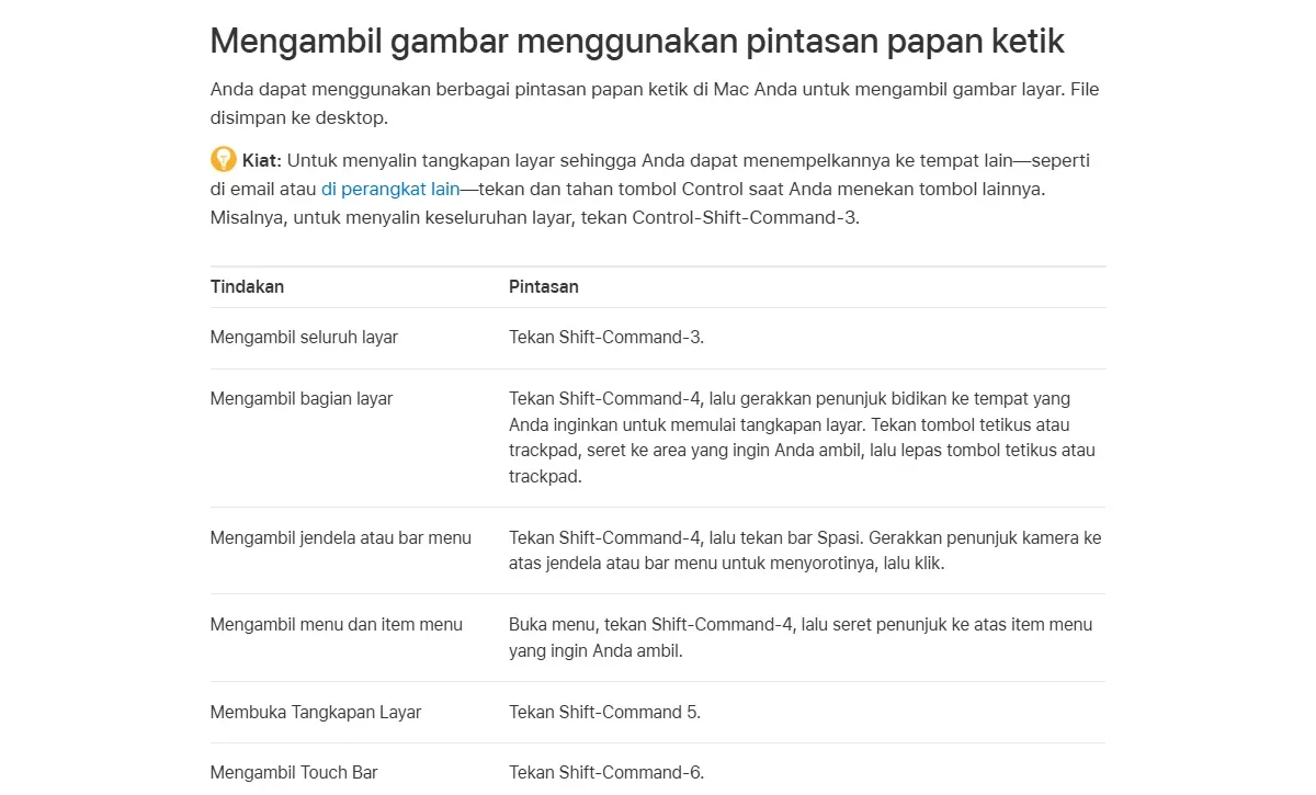Tangkapan layar Panduan Pengguna Mac berisi tabel pintasan papan ketik: mengambil seluruh layar, bagian layar, jendela atau bar menu, menu, membuka Tangkapan Layar, dan Touch Bar