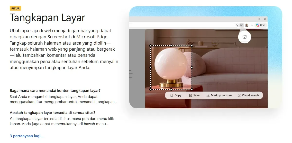 Tangkapan layar halaman fitur Tangkapan Layar Microsoft Edge dengan penjelasan menangkap seluruh halaman atau area yang dipilih, dan contoh bingkai seleksi di atas gambar sebuah lampu