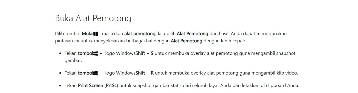 Tangkapan layar Dukungan Microsoft bagian Buka Alat Pemotong, berisi pencarian dari menu Mulai, pintasan Windows Shift S untuk gambar, Windows Shift R untuk video, dan tombol Print Screen
