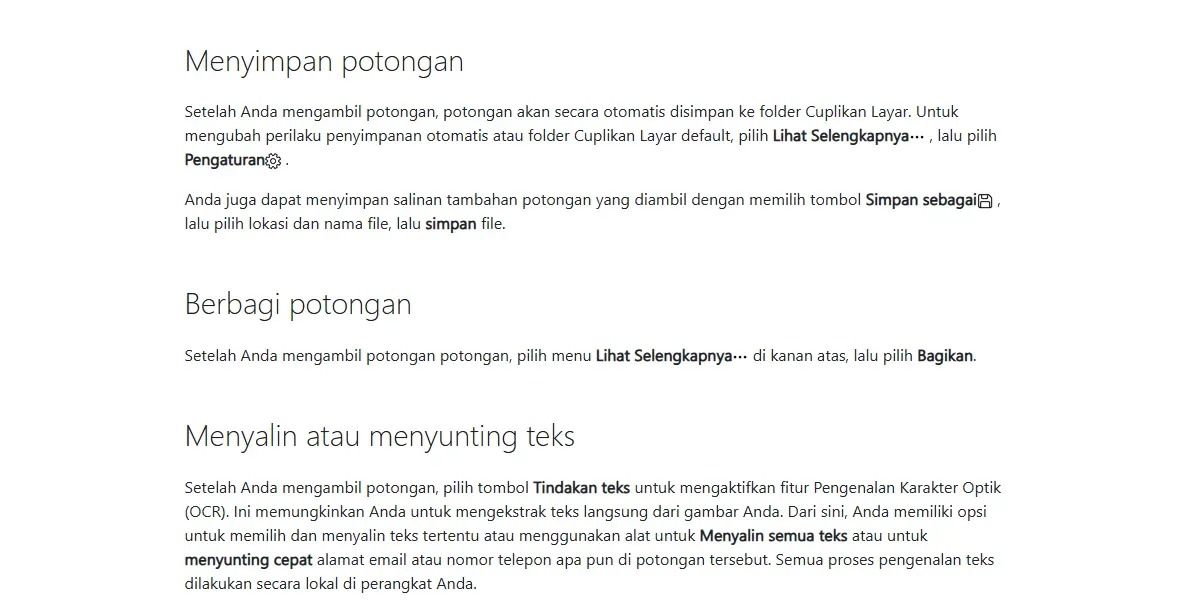 Tangkapan layar Dukungan Microsoft bagian Menyimpan potongan, Berbagi potongan, dan Menyalin atau menyunting teks di Alat Pemotong, termasuk tombol Tindakan teks
