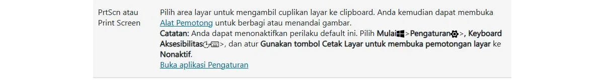Tangkapan layar tabel Dukungan Microsoft pada baris PrtScn atau Print Screen, menjelaskan pemilihan area layar ke clipboard dan catatan cara menonaktifkannya di pengaturan Aksesibilitas Keyboard