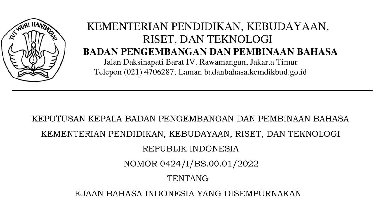 Kop dan judul dokumen Keputusan Kepala Badan Pengembangan dan Pembinaan Bahasa Kementerian Pendidikan, Kebudayaan, Riset, dan Teknologi Republik Indonesia Nomor 0424/I/BS.00.01/2022 tentang Ejaan Bahasa Indonesia yang Disempurnakan