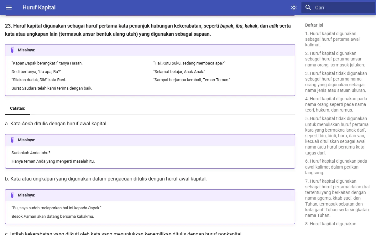 Tangkapan layar laman EYD V butir 23 tentang kata kekerabatan sebagai sapaan, dengan catatan a bahwa kata Anda ditulis dengan huruf awal kapital dan catatan b tentang kata yang digunakan dalam pengacuan