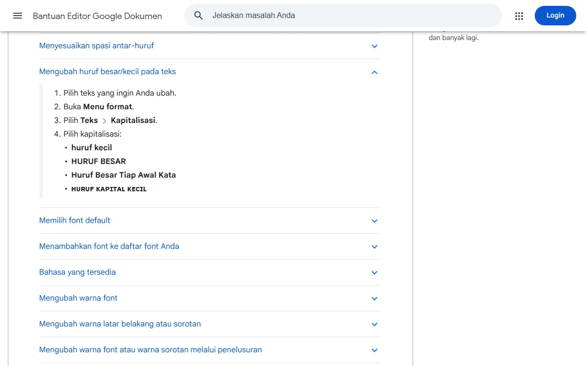 Tangkapan layar Bantuan Editor Google Dokumen bagian Mengubah huruf besar/kecil pada teks, berisi langkah pilih teks, buka menu Format, pilih Teks lalu Kapitalisasi, dan pilihan huruf kecil, HURUF BESAR, serta Huruf Besar Tiap Awal Kata