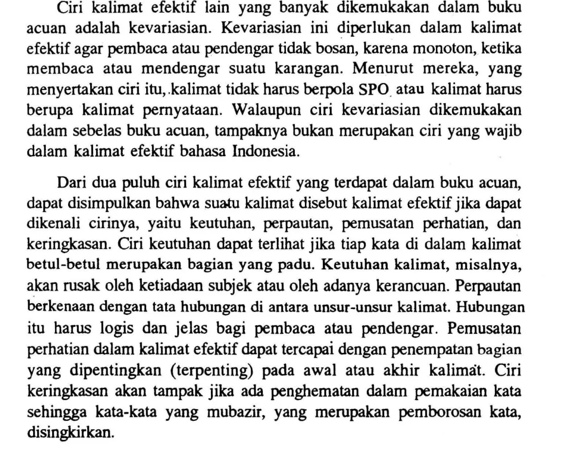Potongan halaman 11 buku Panduan Pustaka Kalimat Efektif Bahasa Indonesia: kevariasian disebut dalam sebelas buku acuan tetapi bukan ciri wajib, lalu simpulan bahwa kalimat efektif dikenali dari ciri keutuhan, perpautan, pemusatan perhatian, dan keringkasan beserta penjelasannya