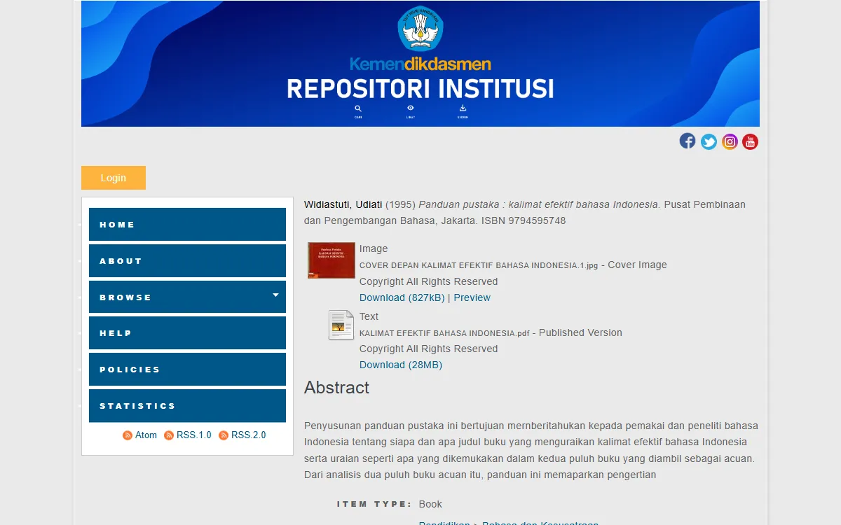 Tangkapan layar halaman Repositori Institusi Kemendikdasmen untuk buku Widiastuti, Udiati (1995) Panduan pustaka: kalimat efektif bahasa Indonesia, Pusat Pembinaan dan Pengembangan Bahasa, Jakarta, dengan berkas sampul dan PDF yang bisa diunduh serta abstrak
