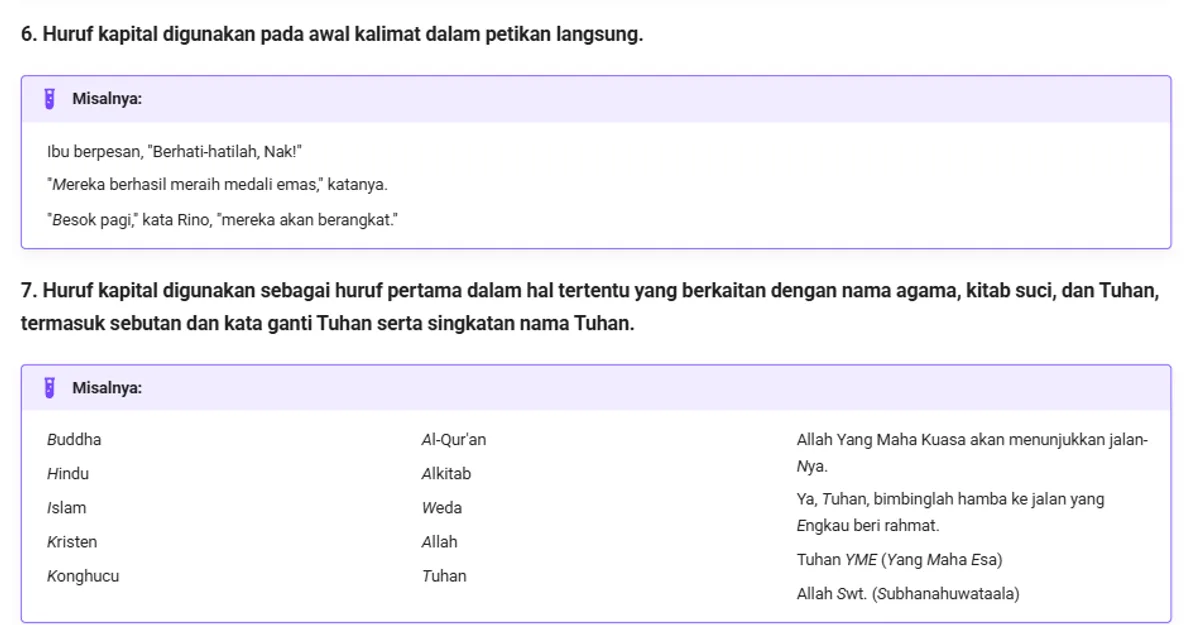 Tangkapan layar EYD V bagian huruf kapital butir 6, huruf kapital digunakan pada awal kalimat dalam petikan langsung, dengan contoh Ibu berpesan, Berhati-hatilah, Nak; Mereka berhasil meraih medali emas, katanya; dan Besok pagi, kata Rino, mereka akan berangkat