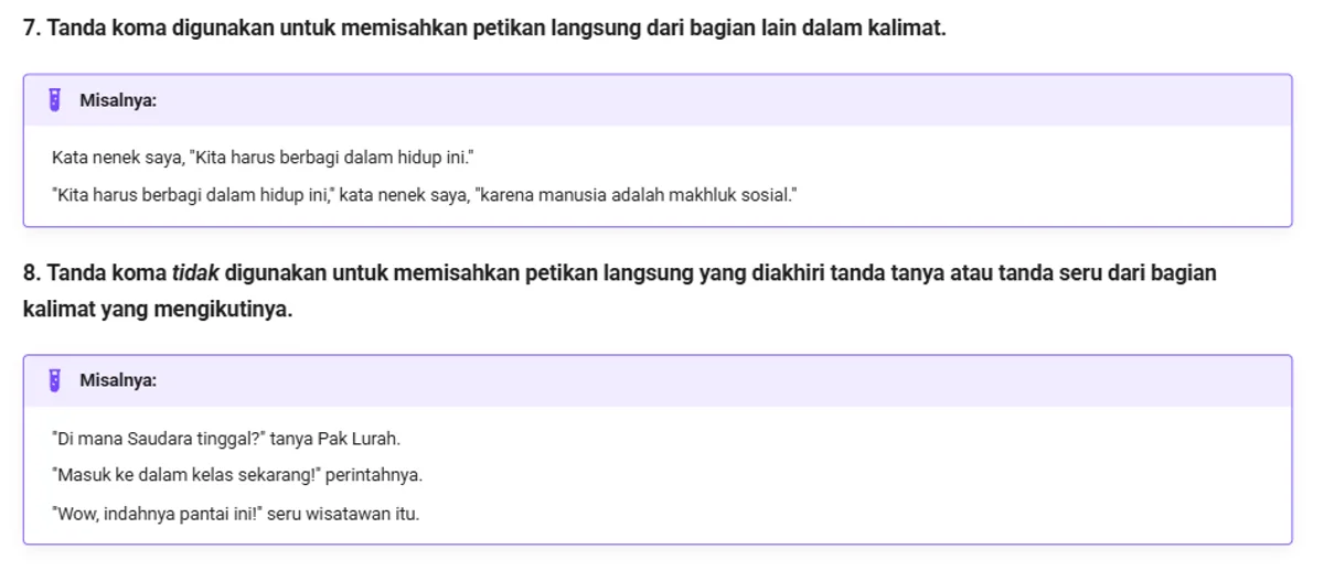 Tangkapan layar EYD V bagian tanda koma butir 7 dan 8: koma memisahkan petikan langsung dari bagian lain kalimat, dan koma tidak digunakan bila petikan diakhiri tanda tanya atau tanda seru, dengan contoh Di mana Saudara tinggal, tanya Pak Lurah