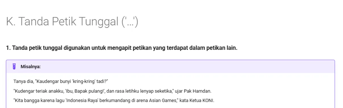 Tangkapan layar EYD V bagian K Tanda Petik Tunggal butir 1, tanda petik tunggal mengapit petikan dalam petikan lain, dengan contoh bunyi kring-kring, teriakan Ibu, Bapak pulang, dan lagu Indonesia Raya di arena Asian Games