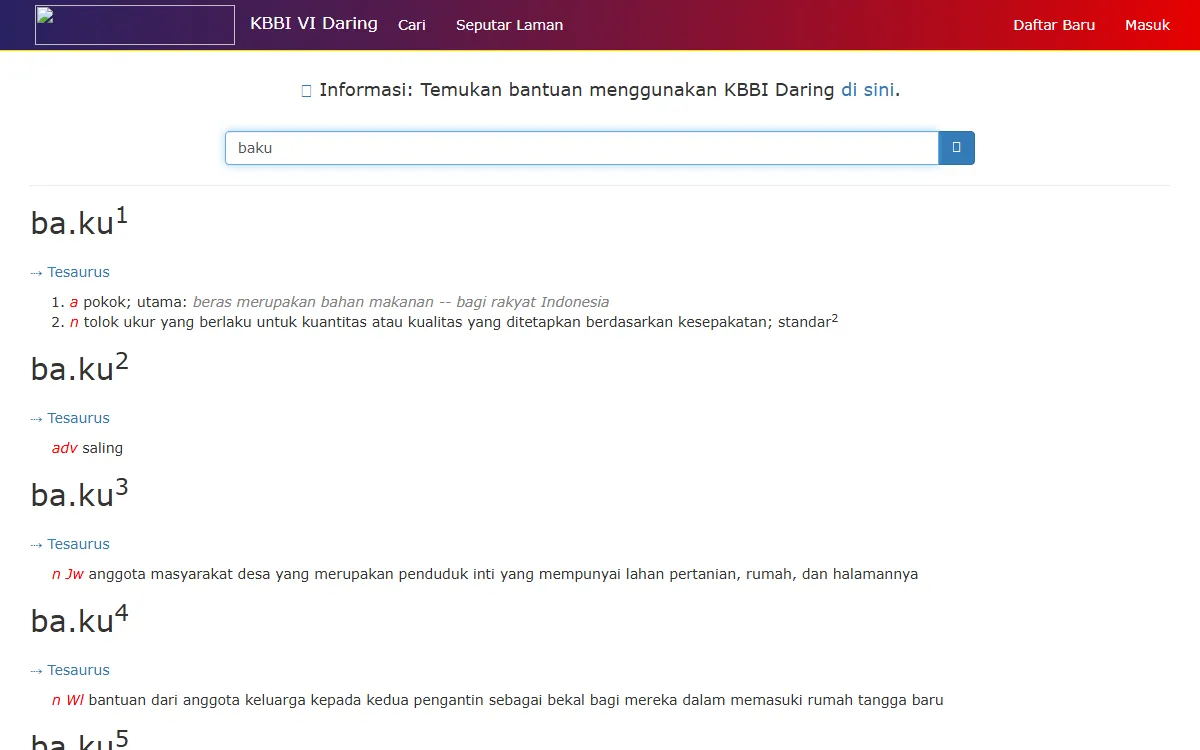 Tangkapan layar KBBI VI Daring untuk kata baku, dengan entri baku 1 bermakna pokok atau utama dan tolok ukur yang berlaku untuk kuantitas atau kualitas yang ditetapkan berdasarkan kesepakatan, standar