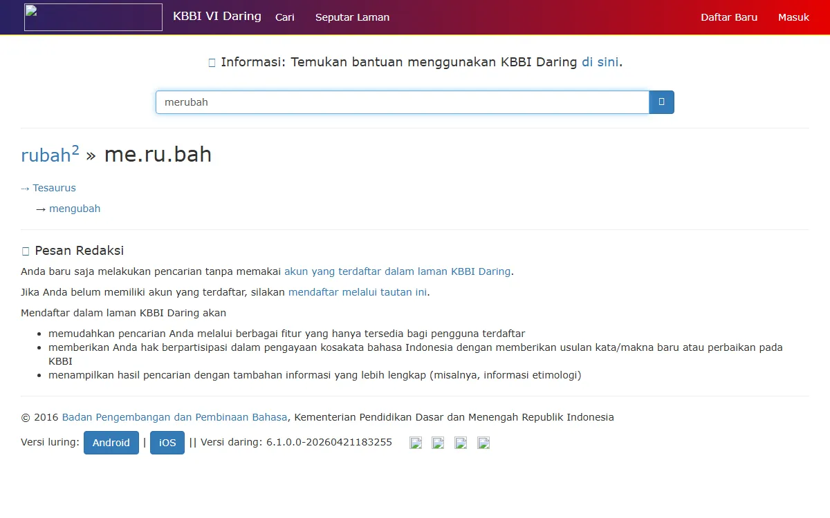 Tangkapan layar KBBI VI Daring saat mencari kata merubah, menampilkan rubah 2 dan me.ru.bah dengan tanda panah menuju mengubah