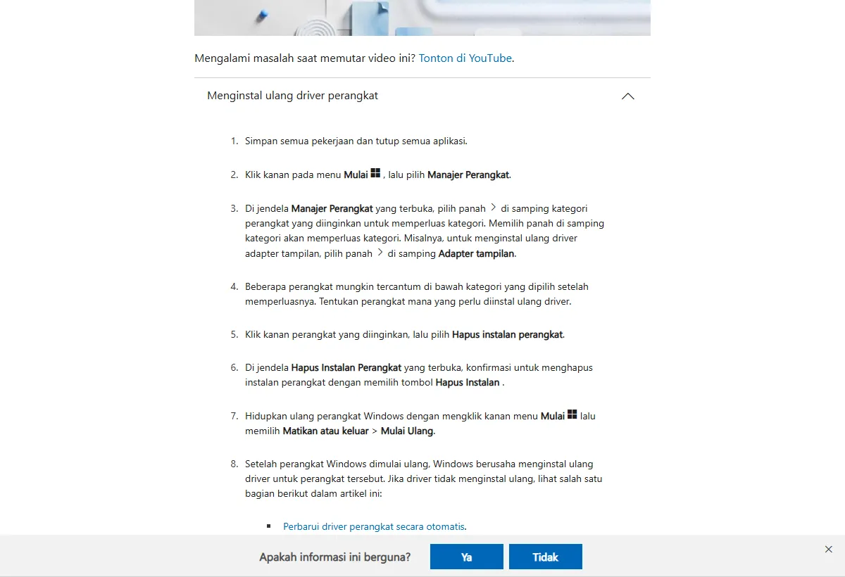 Tangkapan layar Dukungan Microsoft bagian Menginstal ulang driver perangkat, berisi langkah membuka Manajer Perangkat, memperluas kategori, memilih Hapus instalan perangkat, lalu memulai ulang Windows