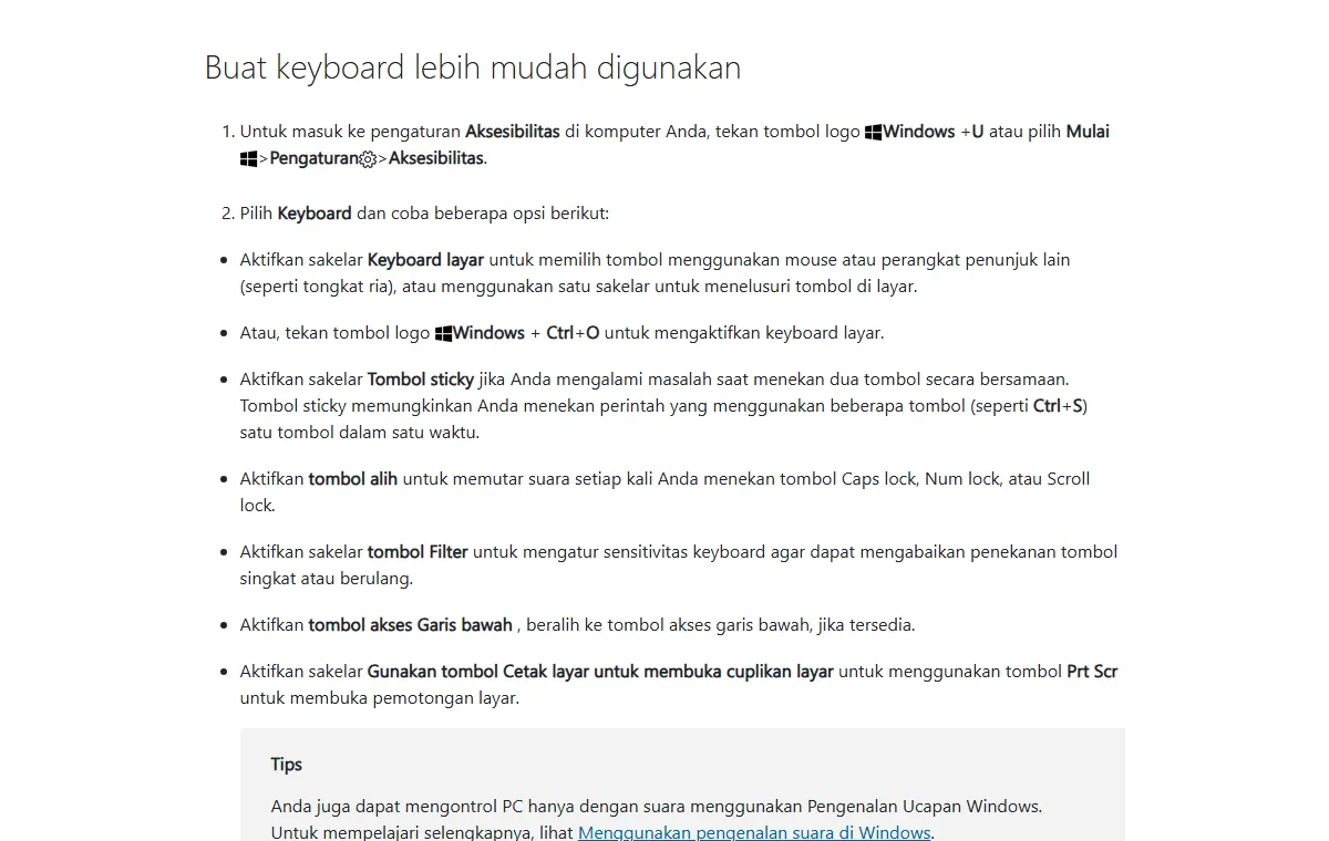 Tangkapan layar Dukungan Microsoft bagian Buat keyboard lebih mudah digunakan, berisi langkah membuka Aksesibilitas lalu Keyboard, dan penjelasan sakelar Keyboard layar, Tombol sticky, tombol alih, dan tombol Filter