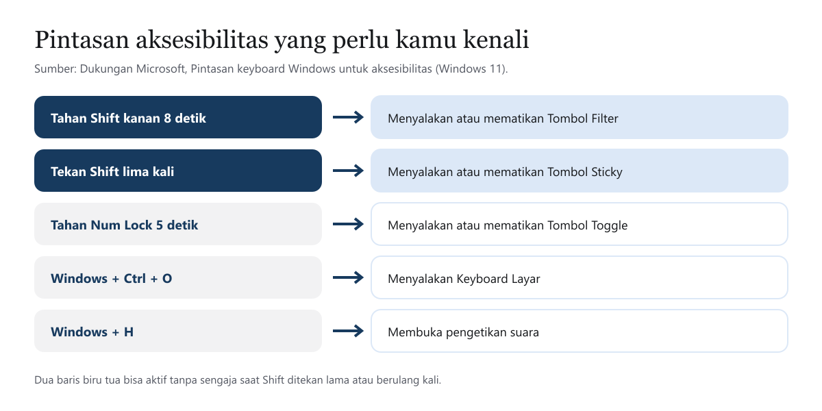 Diagram lima pintasan aksesibilitas Windows: tahan Shift kanan delapan detik untuk Tombol Filter, tekan Shift lima kali untuk Tombol Sticky, tahan Num Lock lima detik untuk Tombol Toggle, Windows Ctrl O untuk Keyboard Layar, dan Windows H untuk pengetikan suara