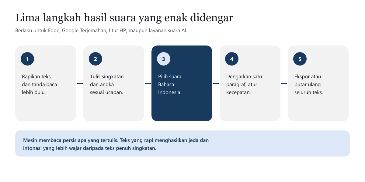 Lima langkah menyiapkan teks untuk text to speech: rapikan teks dan tanda baca, tulis singkatan dan angka sesuai ucapan, pilih suara Bahasa Indonesia, dengarkan satu paragraf dan atur kecepatan, lalu ekspor atau putar seluruh teks