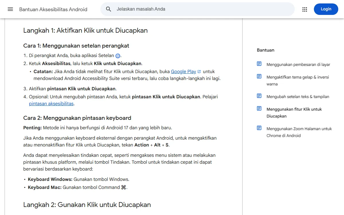 Tangkapan layar Bantuan Aksesibilitas Android berjudul Langkah 1 Aktifkan Klik untuk Diucapkan, berisi langkah membuka Setelan, Aksesibilitas, dan mengaktifkan pintasan Klik untuk Diucapkan