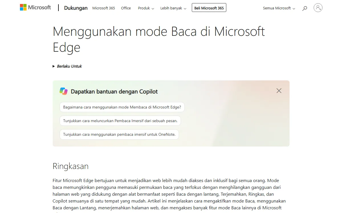 Tangkapan layar halaman Dukungan Microsoft berjudul Menggunakan mode Baca di Microsoft Edge, dengan ringkasan yang menyebut alat Baca dengan lantang, Terjemahkan, Ringkas, dan Copilot