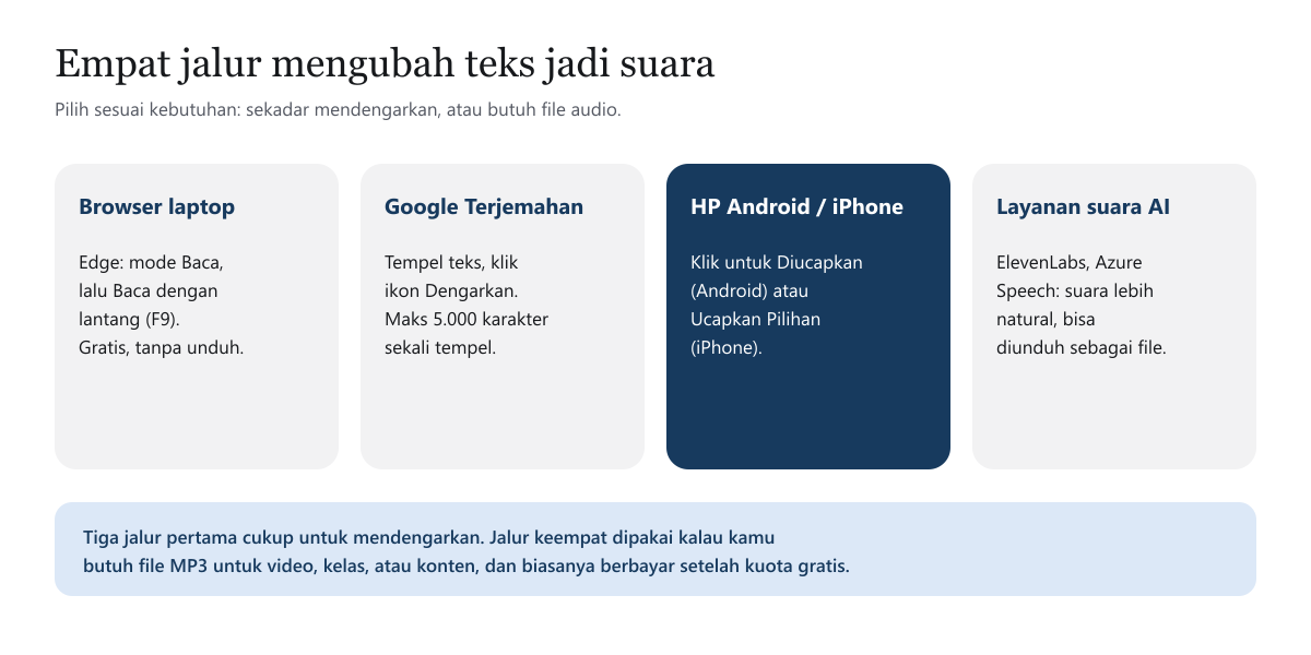 Empat kartu jalur mengubah teks jadi suara: browser laptop dengan Baca dengan lantang di Edge, Google Terjemahan dengan ikon Dengarkan, HP Android dan iPhone dengan fitur aksesibilitas, serta layanan suara AI untuk file audio