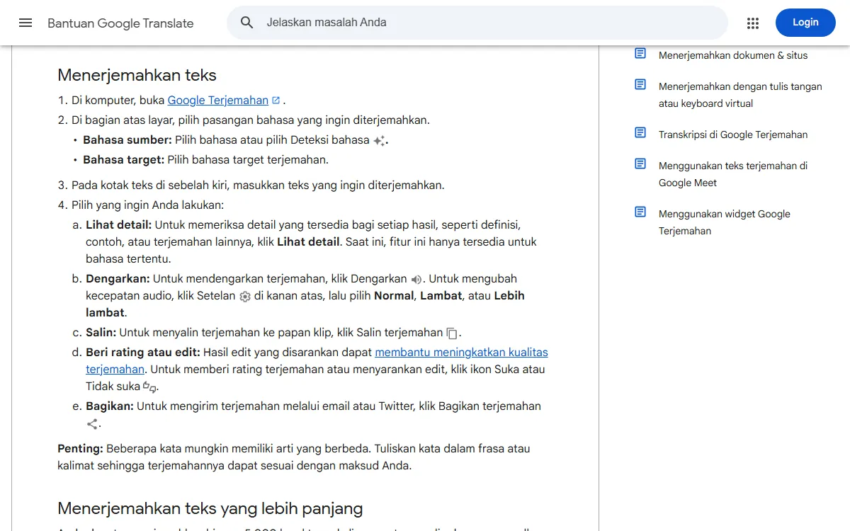 Tangkapan layar Bantuan Google Translate bagian Menerjemahkan teks, berisi langkah memilih bahasa, memasukkan teks, dan klik Dengarkan untuk mendengarkan terjemahan dengan pilihan kecepatan Normal, Lambat, atau Lebih lambat