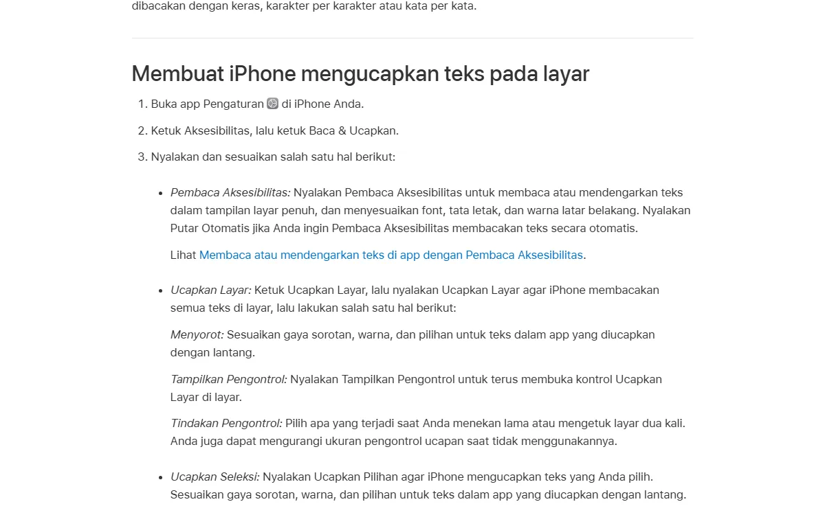 Tangkapan layar Dukungan Apple bagian Membuat iPhone mengucapkan teks pada layar, berisi langkah membuka Pengaturan, Aksesibilitas, Baca dan Ucapkan, serta pilihan Pembaca Aksesibilitas, Ucapkan Layar, dan Ucapkan Seleksi