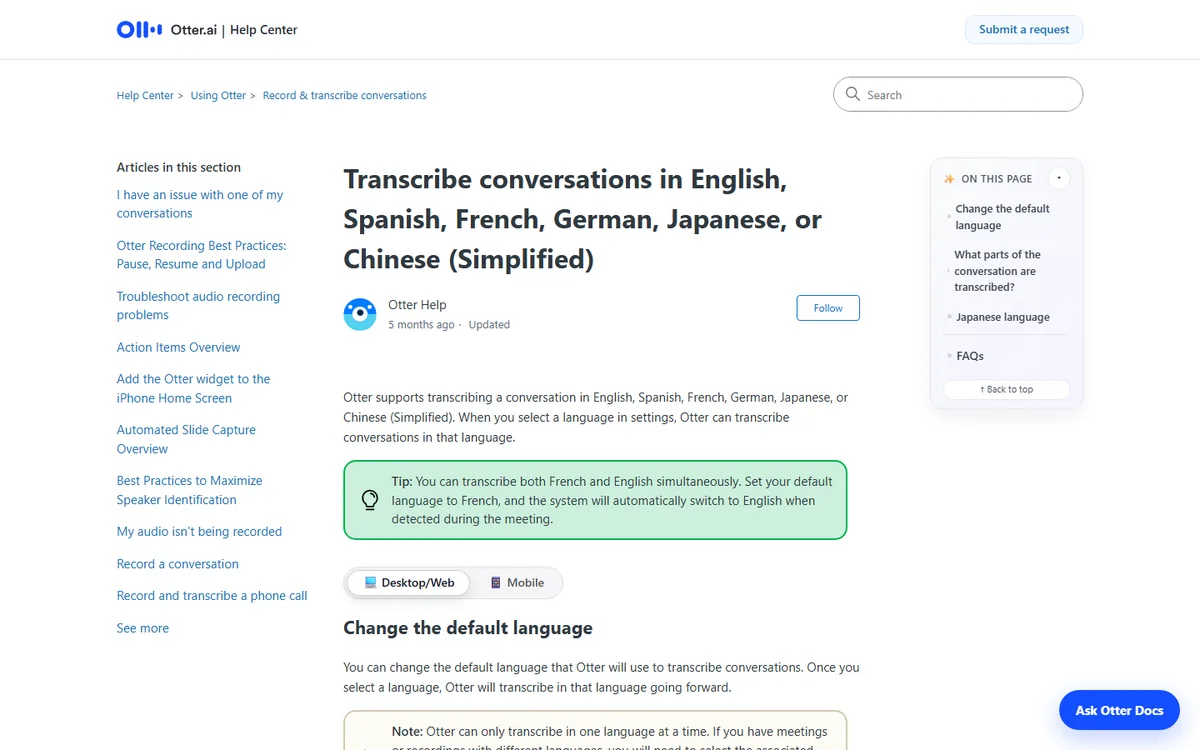 Tangkapan layar halaman bantuan Otter berjudul Transcribe conversations in English, Spanish, French, German, Japanese, or Chinese (Simplified), dengan tip bahwa Prancis dan Inggris bisa ditranskrip bersamaan
