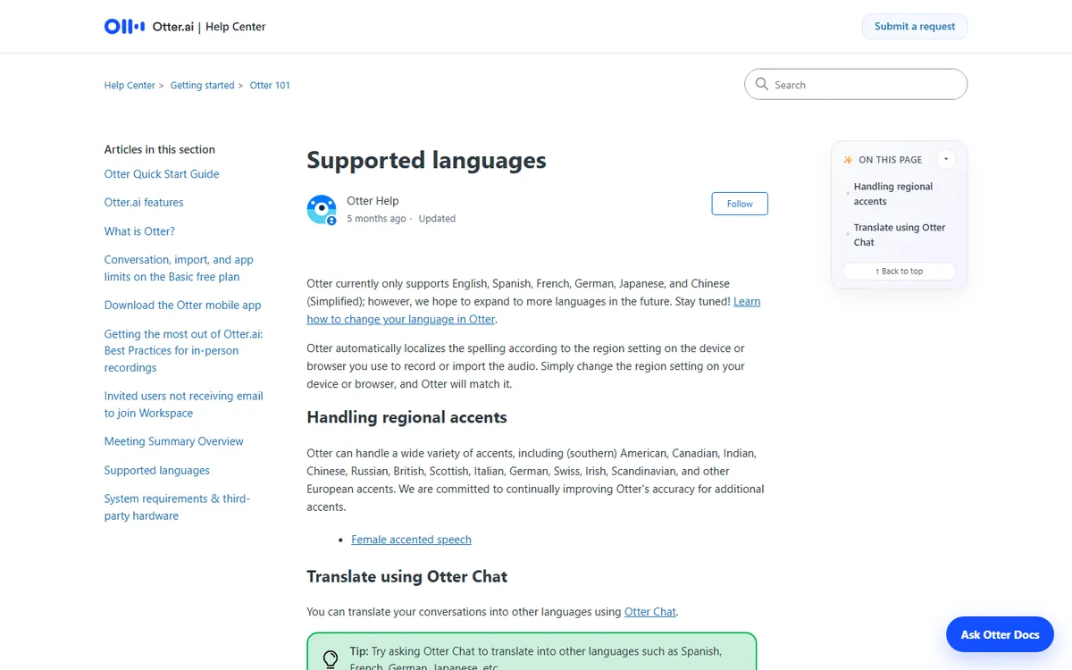 Tangkapan layar halaman Supported languages di Pusat Bantuan Otter yang menyebut Otter hanya mendukung Inggris, Spanyol, Prancis, Jerman, Jepang, dan Tionghoa Sederhana