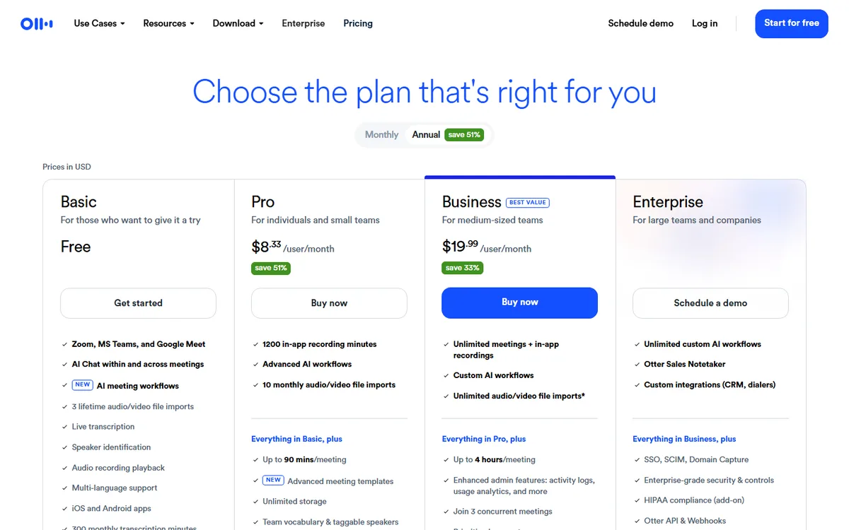 Tangkapan layar halaman Pricing Otter dengan empat paket: Basic gratis, Pro, Business, dan Enterprise, harga dalam dolar AS dengan pilihan tagihan tahunan