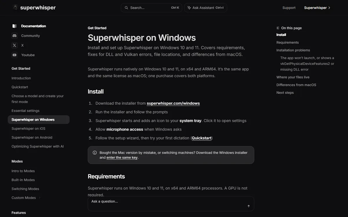 Tangkapan layar dokumentasi Superwhisper on Windows yang menyebut aplikasi berjalan native di Windows 10 dan 11 pada x64 dan ARM64, diikuti lima langkah instalasi