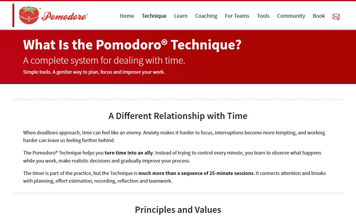 Tangkapan layar halaman resmi What Is the Pomodoro Technique, dengan judul A complete system for dealing with time dan paragraf yang menyebut teknik ini lebih dari sekadar rangkaian sesi 25 menit