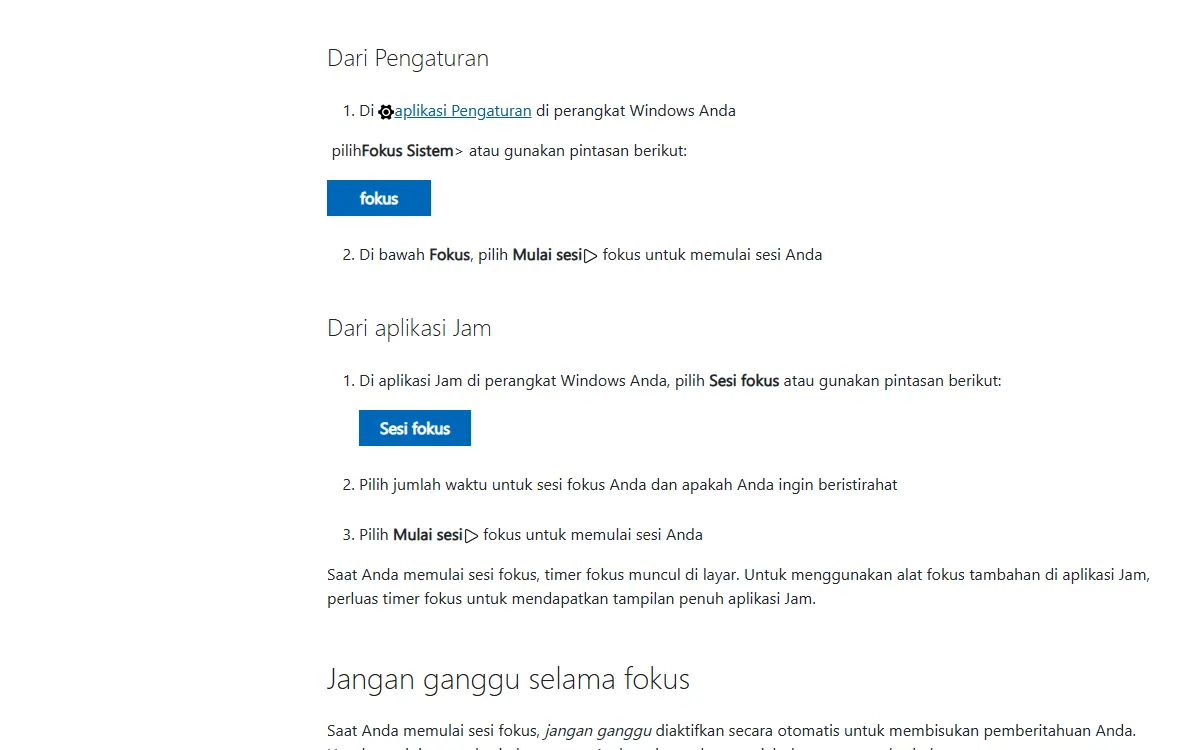 Tangkapan layar Dukungan Microsoft bagian Dari Pengaturan dan Dari aplikasi Jam, berisi langkah memilih Sesi fokus di aplikasi Jam, memilih jumlah waktu sesi dan apakah ingin beristirahat, lalu Mulai sesi fokus