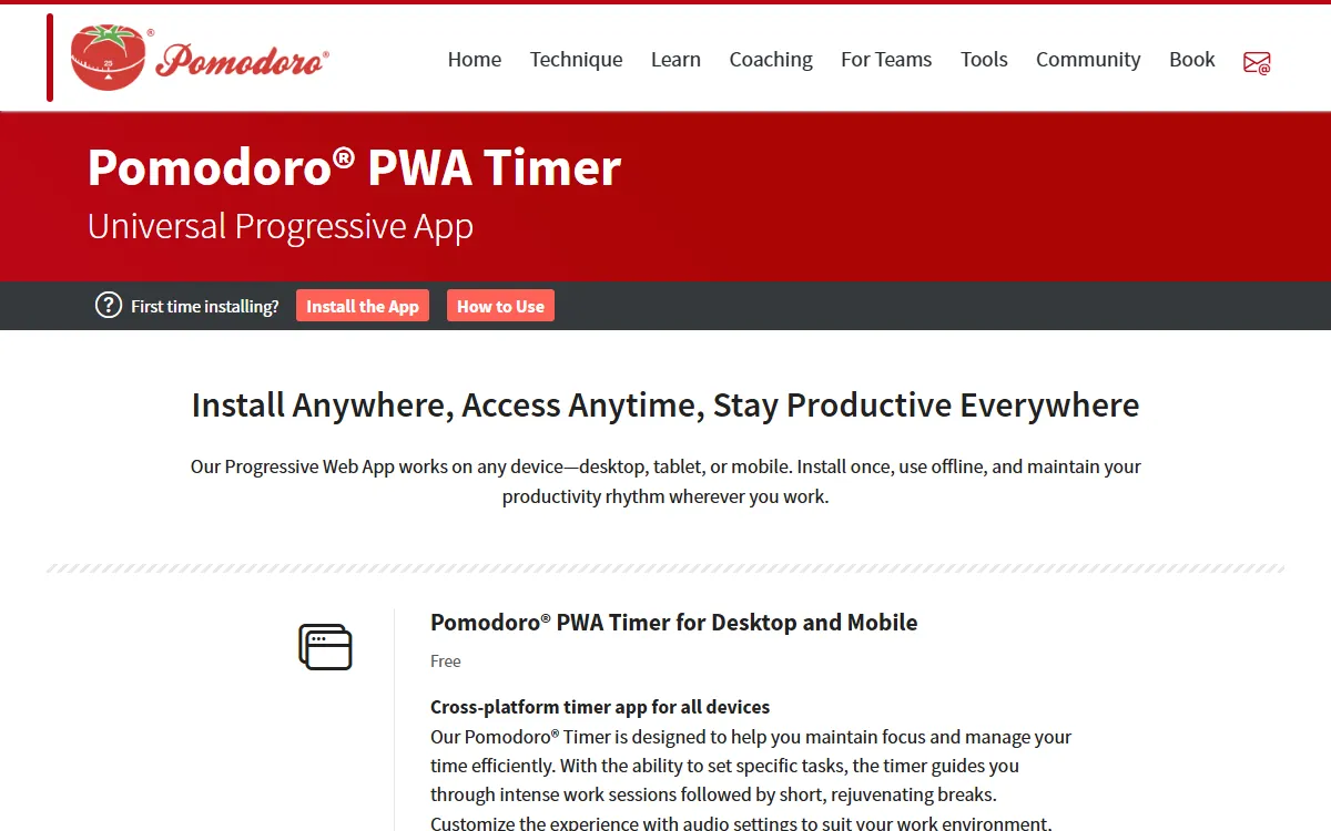 Tangkapan layar halaman Pomodoro PWA Timer di situs resmi, dengan judul Install Anywhere, Access Anytime, Stay Productive Everywhere dan keterangan bahwa timer untuk desktop dan ponsel ini gratis