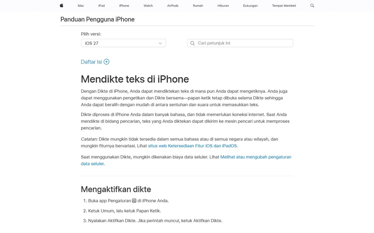 Tangkapan layar Panduan Pengguna iPhone halaman Mendikte teks di iPhone, berisi penjelasan dikte diproses di perangkat dan langkah mengaktifkan dikte dari Pengaturan