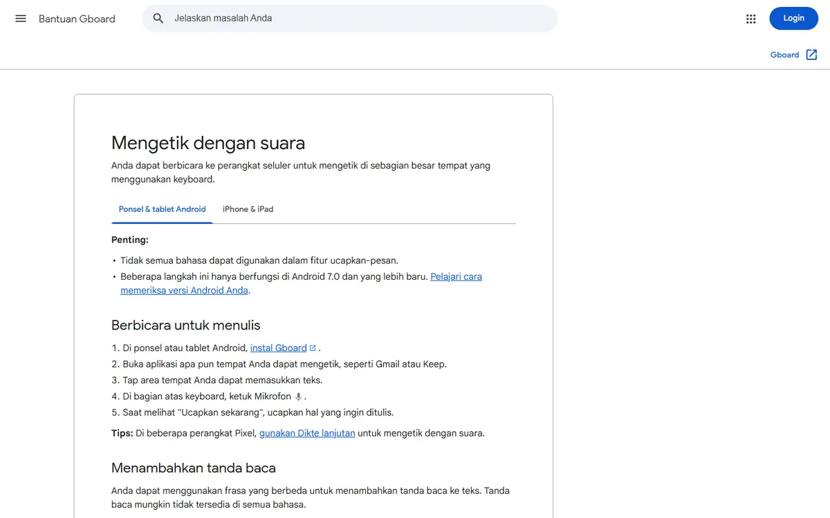 Tangkapan layar halaman Bantuan Gboard berjudul Mengetik dengan suara, berisi catatan penting bahwa tidak semua bahasa dapat digunakan dan langkah berbicara untuk menulis di Android