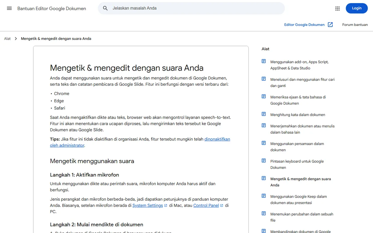 Tangkapan layar halaman Bantuan Editor Google Dokumen berjudul Mengetik dan mengedit dengan suara Anda, berisi daftar browser Chrome, Edge, dan Safari serta langkah mengaktifkan mikrofon