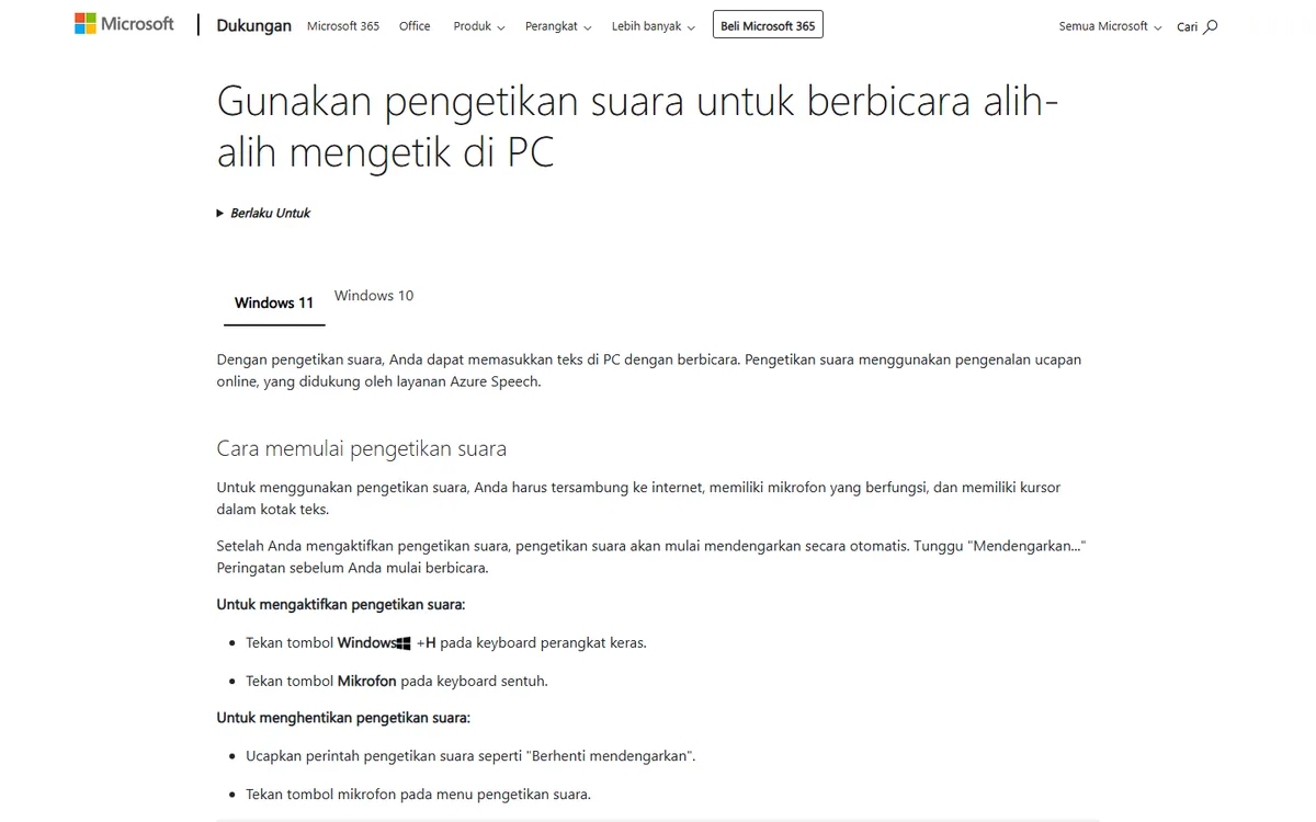 Tangkapan layar halaman Dukungan Microsoft berjudul Gunakan pengetikan suara untuk berbicara alih-alih mengetik di PC, berisi syarat koneksi internet dan pintasan Windows + H